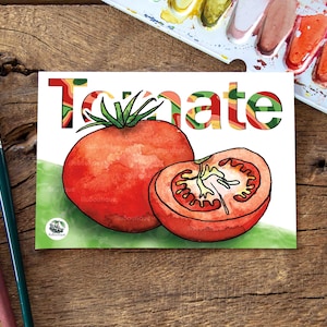 Tomate Postkarte Aquarell, A6, Deko, Art Print, Illustration, Obst, Gemüse, Saisonkalender Geschenk, Vegan, Zeichnung, gute Vorsätze