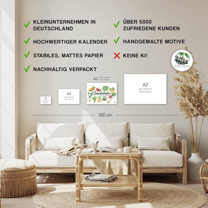 Obst und Gemüse Saisonkalender Größen im Vergleich – A6 A4 A3 A2: Hier siehst du, wie unser bunter Saisonkalender in A3 wirkt – ideal zum Abgleichen, welche Größe für deine Küche am besten passt. Stylisch, informativ und super praktisch fürs Zuhause. Dein Dopamin Dekor im sad Beige millenial core Home. Mit viel Liebe handgemacht um nachhaltig einkaufen zu können und der Umwelt Co2 zu sparen.