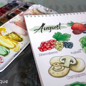 Detailansicht des Saisonkalenders mit handgemalten Obst- und Gemüseillustrationen für den Monat August. Farbenfrohe Aquarelle zeigen saisonale Sorten wie Salat, Beeren und Pilze. Die spiralgebundene Seite liegt flach und ist leicht umzublättern. Ideal zur Orientierung beim regionalen Einkauf. Der Kalender vereint Ästhetik mit Alltagstauglichkeit und ist eine schöne Erinnerung an bewusste Ernährung.
