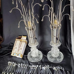 Waterfall Table Lamps 24 matching vintage glass prisms. Nickeled metal. Dimmer sockets and LED specialty bulbs. Fully restored.