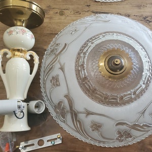 Porcelier Low Profile Porcelain Ceiling Light Fixture and Large Clear and Frosted Heavy Antique Molded Antique Glass Shade.
