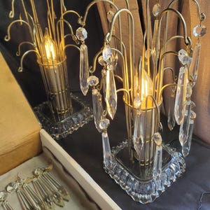 Waterfall Table Lamps 36 matching vintage glass 3 inch udrop prisms. New Dimmer sockets and LED specialty bulbs. Cloth covered wire.