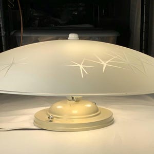 MCM atomic starburst ceiling light shade is 15.5 inches wide, low profile at 6” long. New socket in vintage fixture, Quality bulbs included.