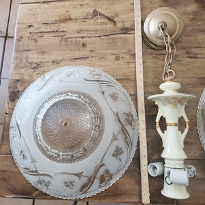 Porcelier Chandelier, Antique Molded Glass Shade with Large Version Porcelain Floral Motif Stem. 3 bulb light fixture.
