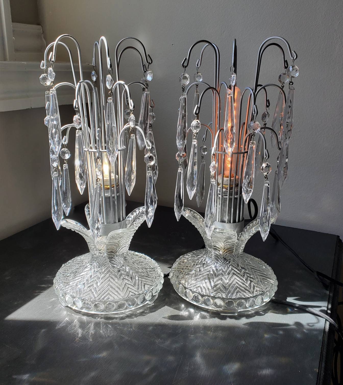A Pair of Waterfall Prism Table Lamps Clear Glass Base No Etsy