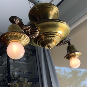 Early 1900s Brass Copper Pan Ceiling Fixture, Renovated Porcelain Sockets, Dimmable Bulbs Included