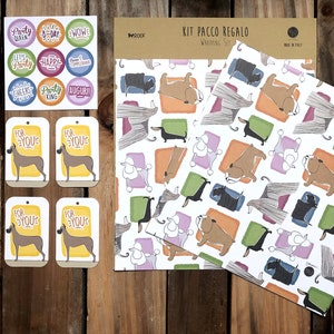 Kit pacco regalo "Wroof" con pattern cani, Wrapping set, carta da regalo, stickers e tag