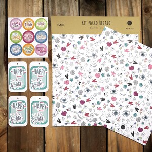 Kit pacco regalo "Flair" con pattern, Wrapping set, carta da regalo, stickers e tag