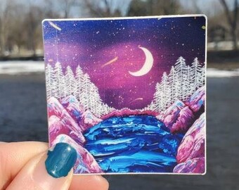 Crescent Moon Sticker / Mountain Vinyl Decal / Boho Decor / Mystical Pink Sticker / Nature Landscape Sticker / Journal Sticker / Hydroflask