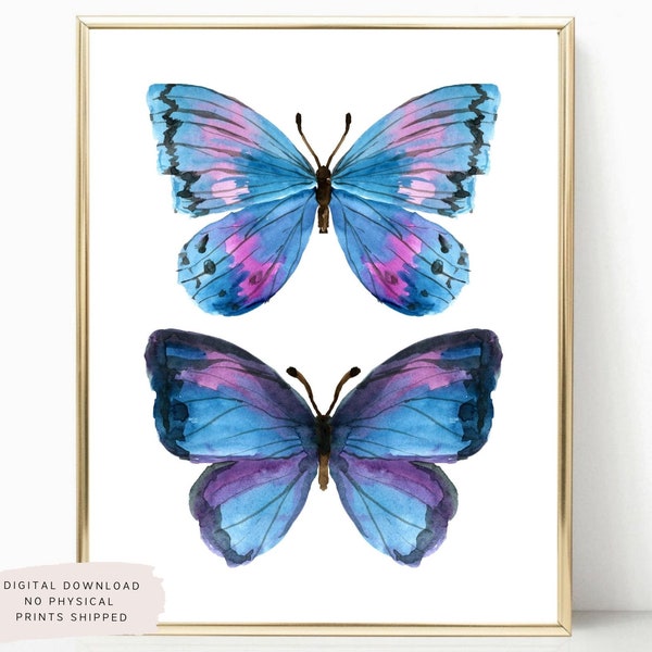 Blue Watercolor Butterflies Wall Art, Printable Butterly Print, Girls Nursey Decor, Girl's Room Decor, Farmhouse Wall Decor Teen Room Poster