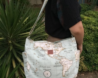 Blue Worldmap Pattern - Blue Ocean Atlas Adjustable Shoulder & Crossbody Messenger Bag