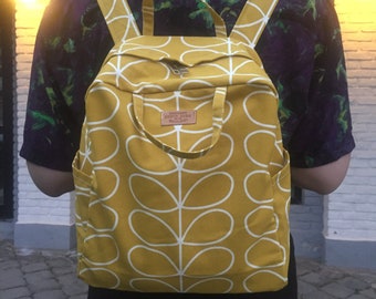 Orla kiely yellow Backpack, Yellow Floral Womens bag with adjustable straps, Travel bag, Multipocket Cotton packback
