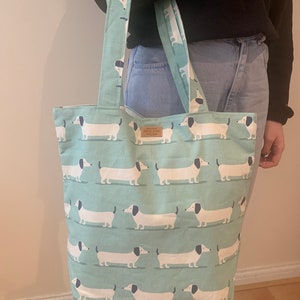 Blue Dachshund Cotton Tote Bag, Dachshound blue Shoulder bag