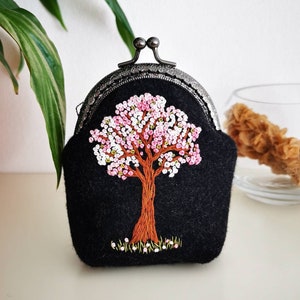 Original hand embroidery coin purse victorian Yggdrasil pale pink flower hand embroidery clutch wallet witchy pagan goth fairy forest bag image 1
