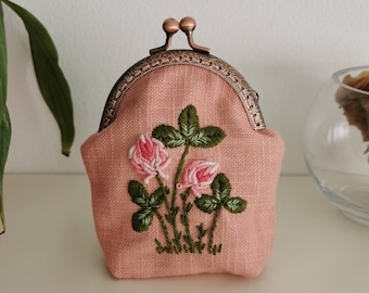 Hand embroidered handmade cottagecore red clover trifolium clutch coin purse flower embroidery wallet pastel powder pink wedding soft-girl