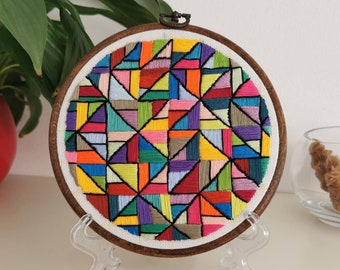 Freehand abstract embroidery hoop art tetris gamer multicolour favela building Burano Cinque Terre geometrical retro artwork bookshelf decor