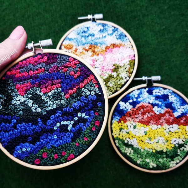 3 for 1 Freehand abstract landscape hand embroidery hoop art maximalist contemporary nature miniature french knot bookshelf book nook decor