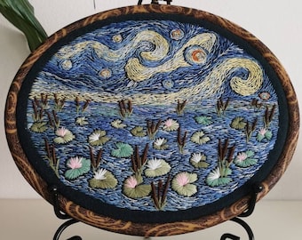 Monet van Gogh inspired embroidery hoop art starry night waterlilies narrowleif cattail landscape boho fairycore bookshelf cottagecore decor