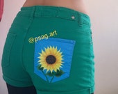 Hand painted denim original unique sunflower on green jeans denim shorts in yellow and blue on pocket