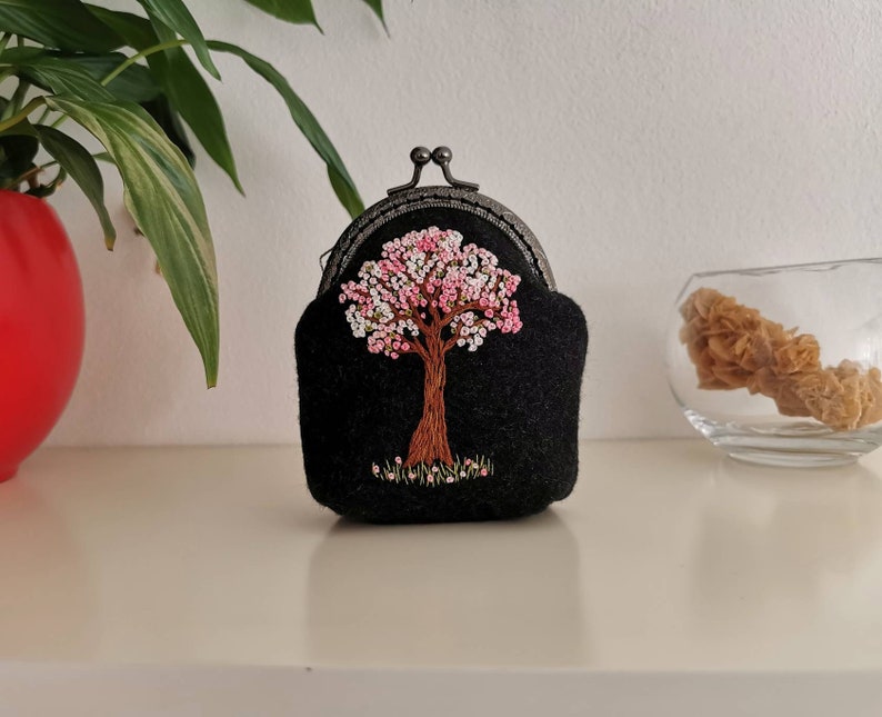 Original hand embroidery coin purse victorian Yggdrasil pale pink flower hand embroidery clutch wallet witchy pagan goth fairy forest bag image 2