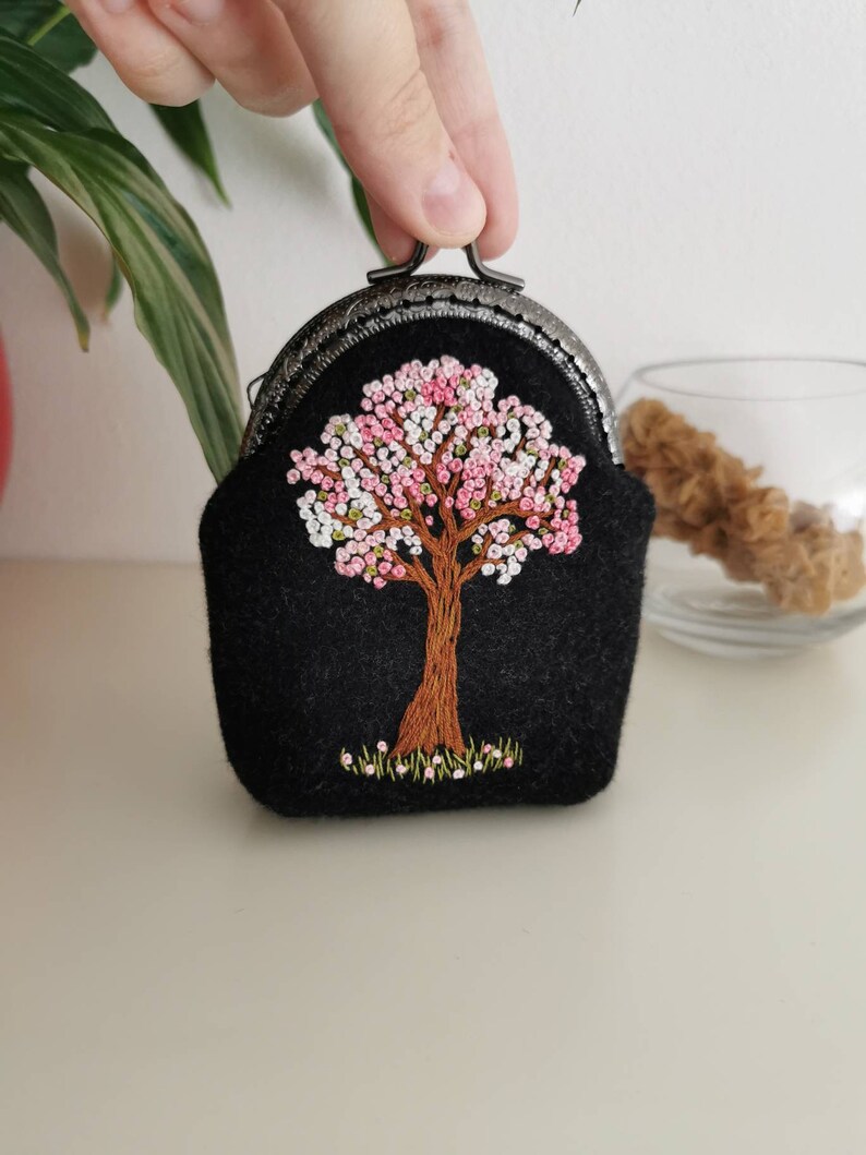 Original hand embroidery coin purse victorian Yggdrasil pale pink flower hand embroidery clutch wallet witchy pagan goth fairy forest bag image 6