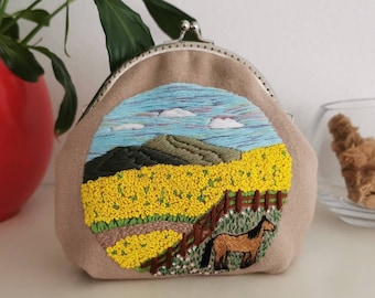 Handmade horse in canola flower field purse clutch floral landscape pouch home made furry handbag kiss clasp dark light academia soft-girl