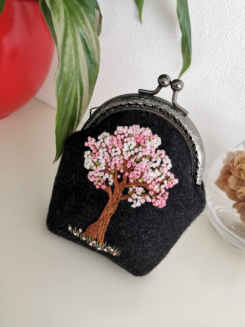 Original hand embroidery coin purse victorian Yggdrasil pale pink flower hand embroidery clutch wallet witchy pagan goth fairy forest bag image 5