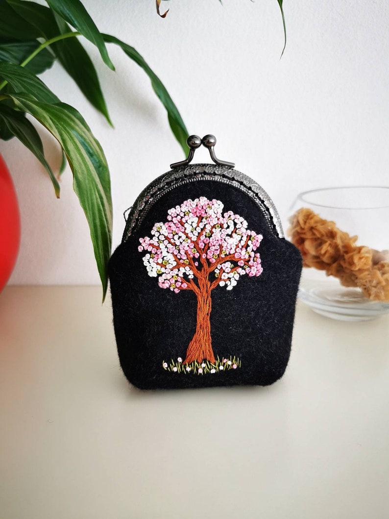 Original hand embroidery coin purse victorian Yggdrasil pale pink flower hand embroidery clutch wallet witchy pagan goth fairy forest bag image 1