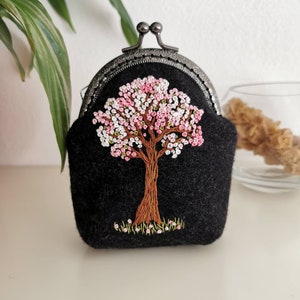 Original hand embroidery coin purse victorian Yggdrasil pale pink flower hand embroidery clutch wallet witchy pagan goth fairy forest bag image 3