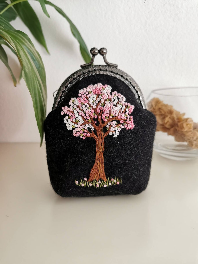 Original hand embroidery coin purse victorian Yggdrasil pale pink flower hand embroidery clutch wallet witchy pagan goth fairy forest bag image 3