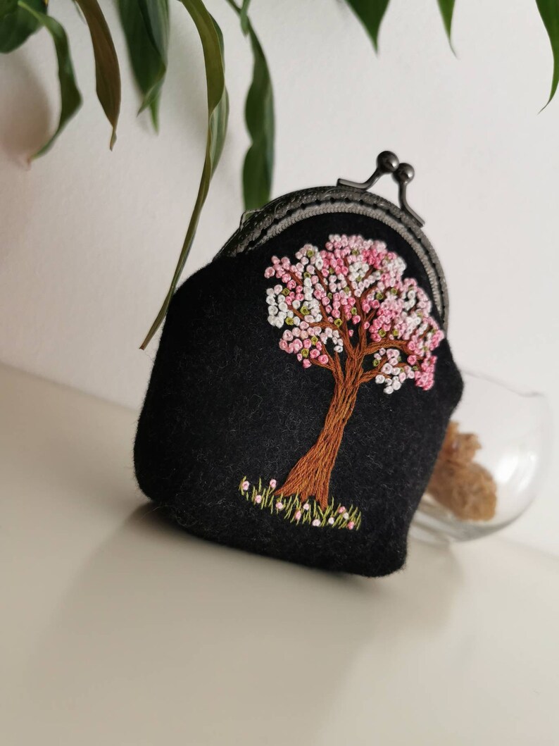 Original hand embroidery coin purse victorian Yggdrasil pale pink flower hand embroidery clutch wallet witchy pagan goth fairy forest bag image 4