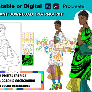 Digital Fashion Illustrations, Fashion Page Printable and Digital Coloring