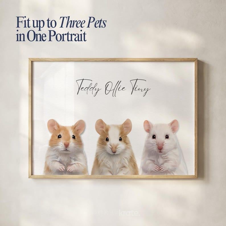 May include: A framed portrait featuring three hamsters with brown and white fur. The text "Fit up to Three Pets in One Portrait" and the names "Teddy Ollie Tiny" are displayed above the hamsters.