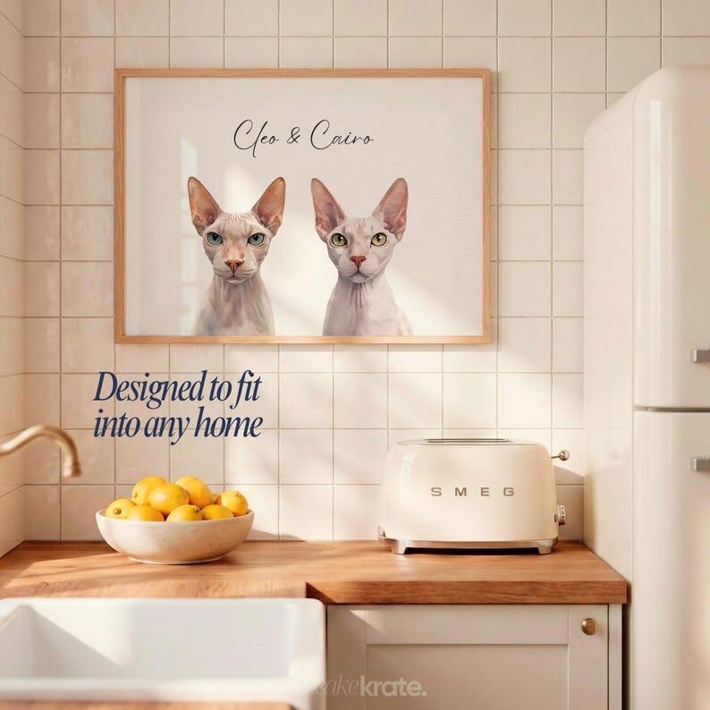 May include: A framed print featuring two Sphynx cats, named Cleo & Cairo, hangs above a kitchen counter. The print is in a light wood frame. Below the print is the text "Designed to fit into any home". A white SMEG toaster sits on the counter.
