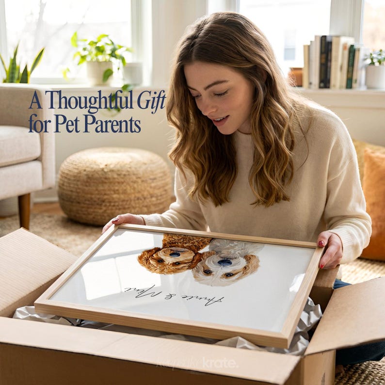 May include: A framed watercolor portrait of two dogs, one golden and one white, with the text "Annie & Max" in script. The frame is light wood, and the artwork is presented in a cardboard box. The text "A Thoughtful Gift for Pet Parents" is also visible.