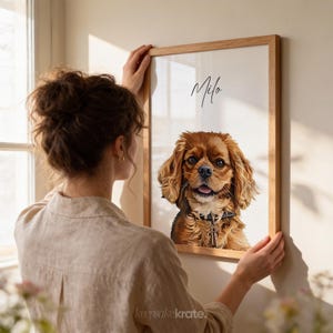 May include: A framed portrait of a Cavalier King Charles Spaniel dog with brown and tan fur. The dog is wearing a collar with a key charm. The name "Milo" is written in cursive at the top of the frame.