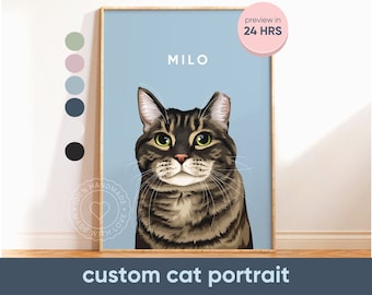 Custom Cat Portrait - Personalized Art, Cat Lover Gift, Hand Illustrated, Pet Memorial Gift, Christmas Gift, Cat Mom