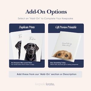 May include: Image of add-on options for keepsakes. Includes duplicate prints with a black dog portrait and a gift preview printable with a golden retriever portrait. Text includes "Duplicate Prints", "Gift Preview Printable", and "Good things take time."
