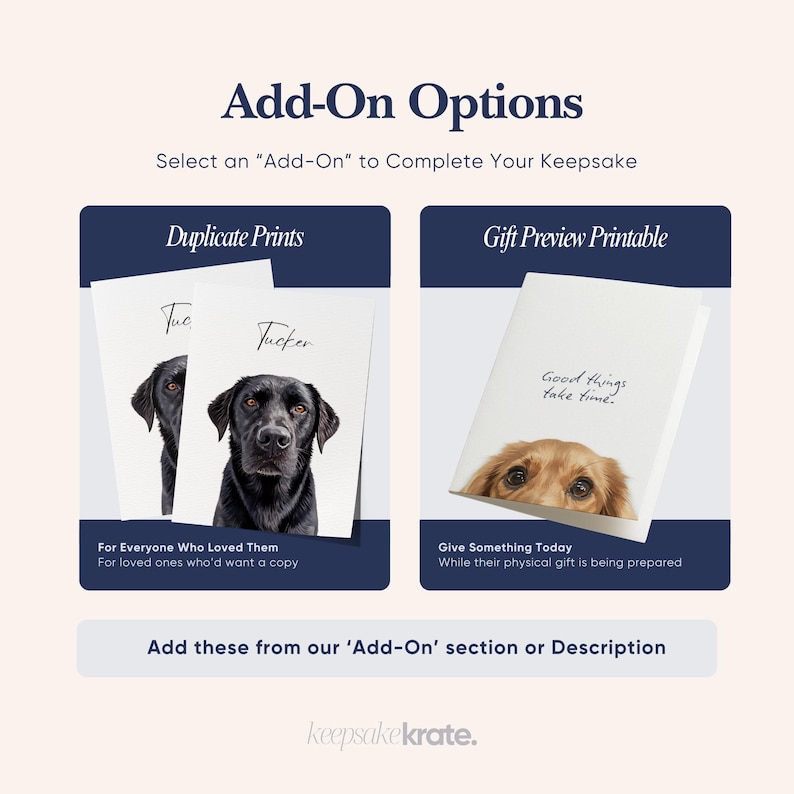 May include: Image of add-on options for keepsakes. Includes duplicate prints with a black dog portrait and a gift preview printable with a golden retriever portrait. Text includes "Duplicate Prints", "Gift Preview Printable", and "Good things take time."
