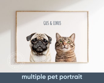 Multiple Pet Portrait | Custom 2 Pet Portrait | Pet Portrait from Photo | Custom Dog Art | Custom Cat Art | Personalized Pet Illustration