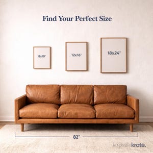 May include: A brown leather sofa with three cushions is displayed beneath three framed prints labeled 8x10", 12x16", and 18x24". The text "Find Your Perfect Size" is above the prints. The sofa is 82 inches long.