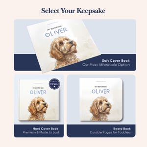 Może przedstawiać: Wyb&oacute;r trzech książek zatytułowanych My Bestfriend Oliver z ilustracją brązowego psa. Opcje obejmują książkę w miękkiej oprawie, książkę w twardej oprawie z odznaką najpopularniejszej oraz książkę całokartonową z zaokrąglonymi rogami na jasnym tle.