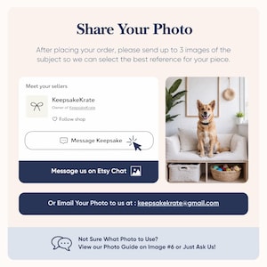 May include: A promotional image with text that reads "Share Your Photo." It includes a dog sitting on a couch, a shop logo, and instructions to send photos for custom work. The image encourages communication.