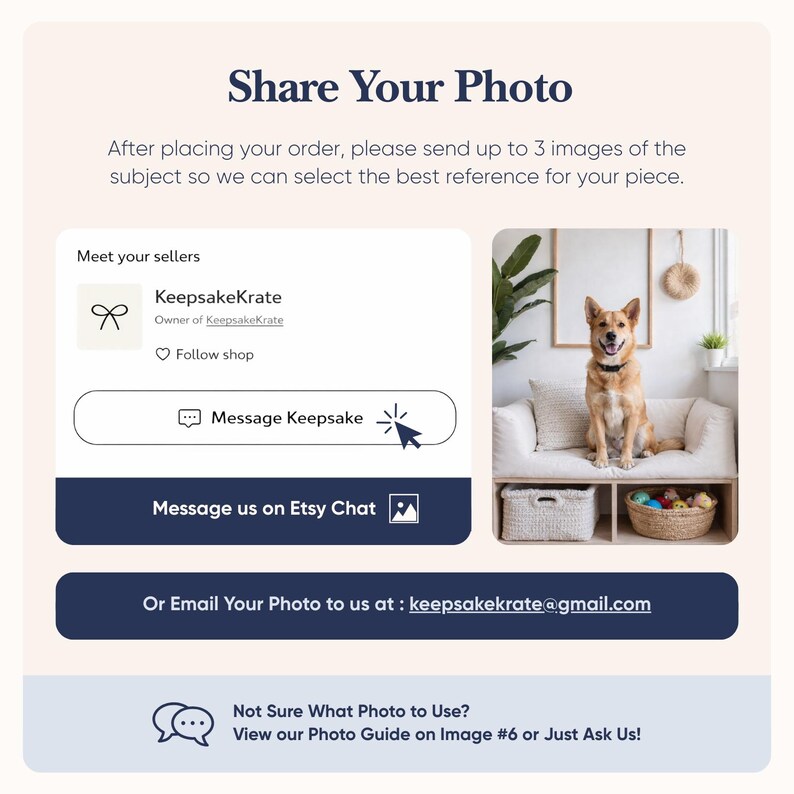 May include: A promotional image with text that reads "Share Your Photo." It includes a dog sitting on a couch, a shop logo, and instructions to send photos for custom work. The image encourages communication.