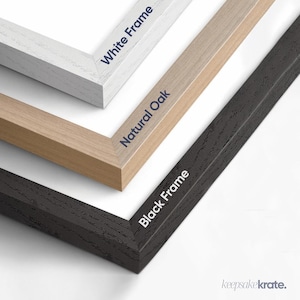 May include: Three picture frames in white, natural oak, and black. The white frame is at the top, followed by the natural oak, and the black frame is at the bottom. The text "White Frame", "Natural Oak", and "Black Frame" are printed on the frames.