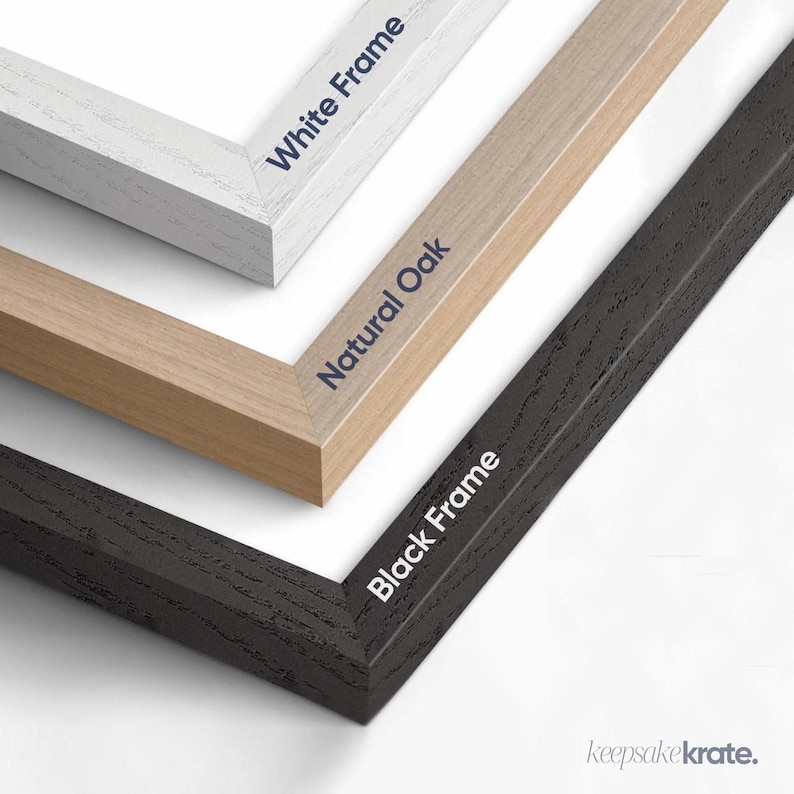May include: Three picture frames in white, natural oak, and black. The white frame is at the top, followed by the natural oak, and the black frame is at the bottom. The text "White Frame", "Natural Oak", and "Black Frame" are printed on the frames.