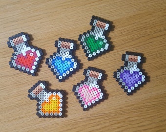 8-bit heart potion bottles | Magnet keychain badge phone charms | Colourful retro gaming cute pixel art