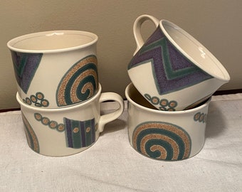 Vintage Mikasa Ceramic Mugs with Geometric Design - Set of 4