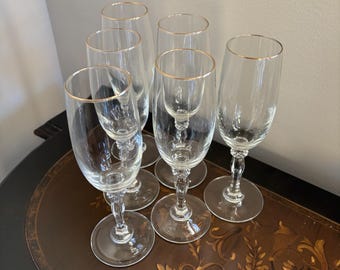 Set Of 6 Vintage Champagne Flute Cocktail Glasses with Gold Rim