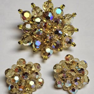 Vintage Aurora Borealis Beaded Faceted Cluster Clip Earrings and Brooch